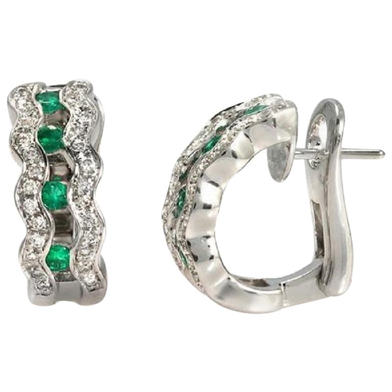 0.80 Ct Natural Emerald & 0.82 Ct Diamonds In 18k White Gold Earrings For Sale