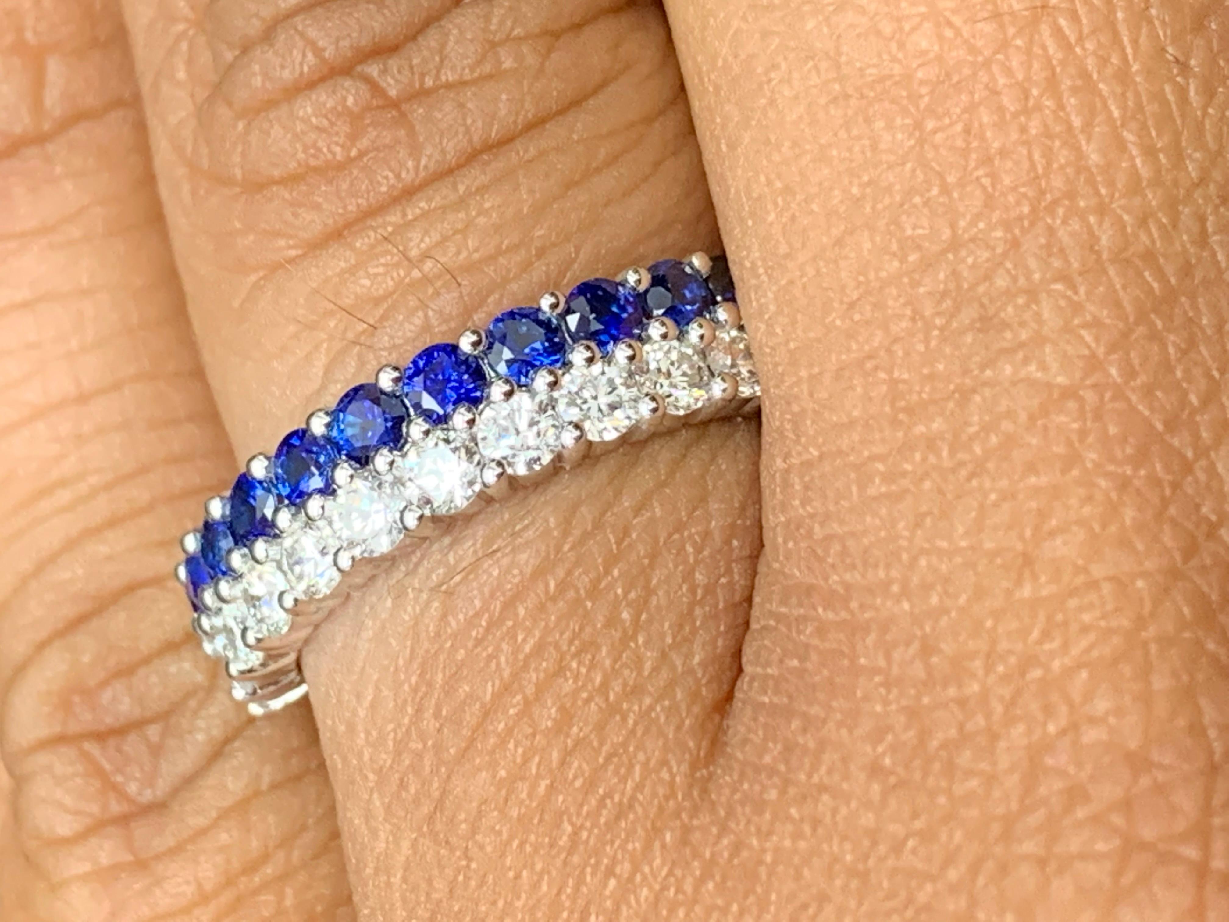 0.80 Ct Round Shape Sapphire and Diamond Double Row Band Ring in 14K White Gold For Sale 6