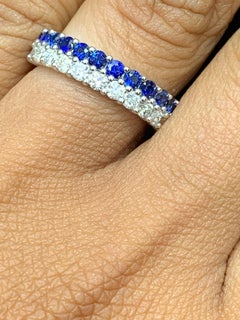0.80 Ct Round Shape Sapphire and Diamond Double Row Band Ring in 14K White Gold