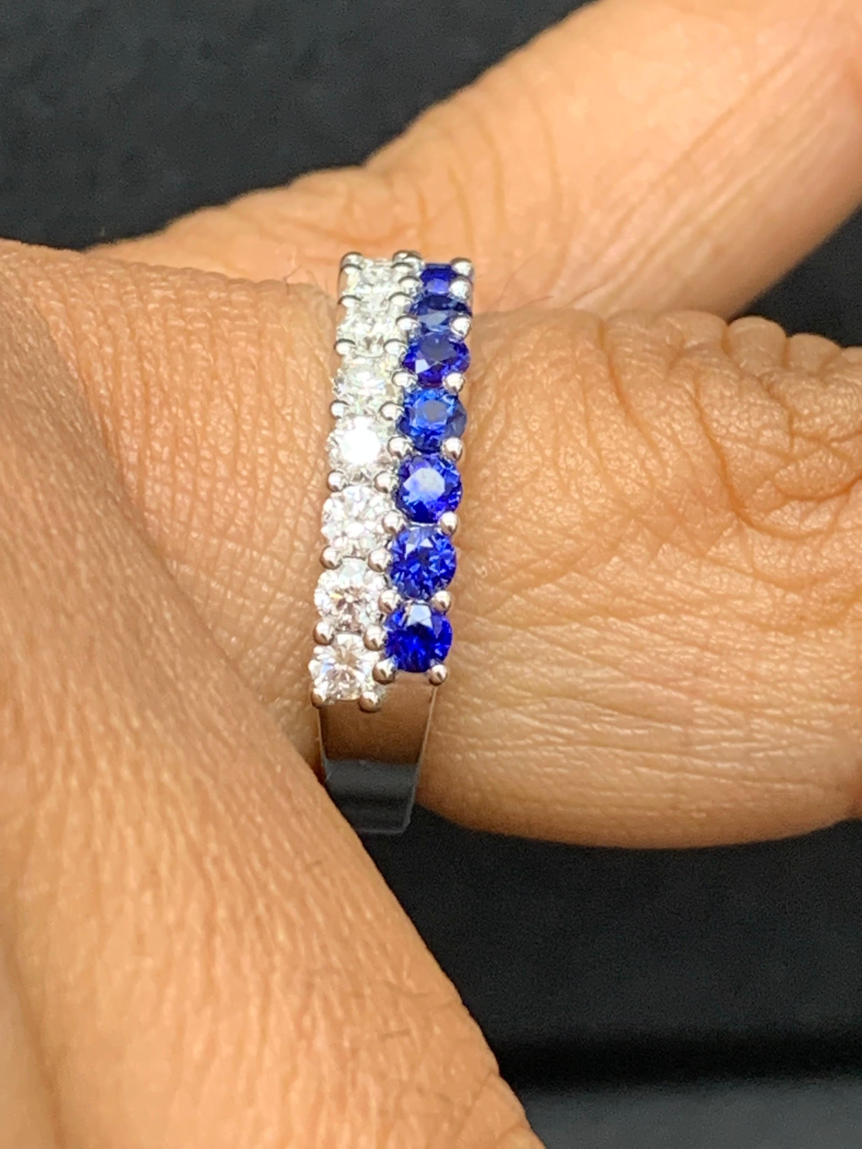 Modern 0.80 Ct Round Shape Sapphire and Diamond Double Row Band Ring in 14K White Gold For Sale
