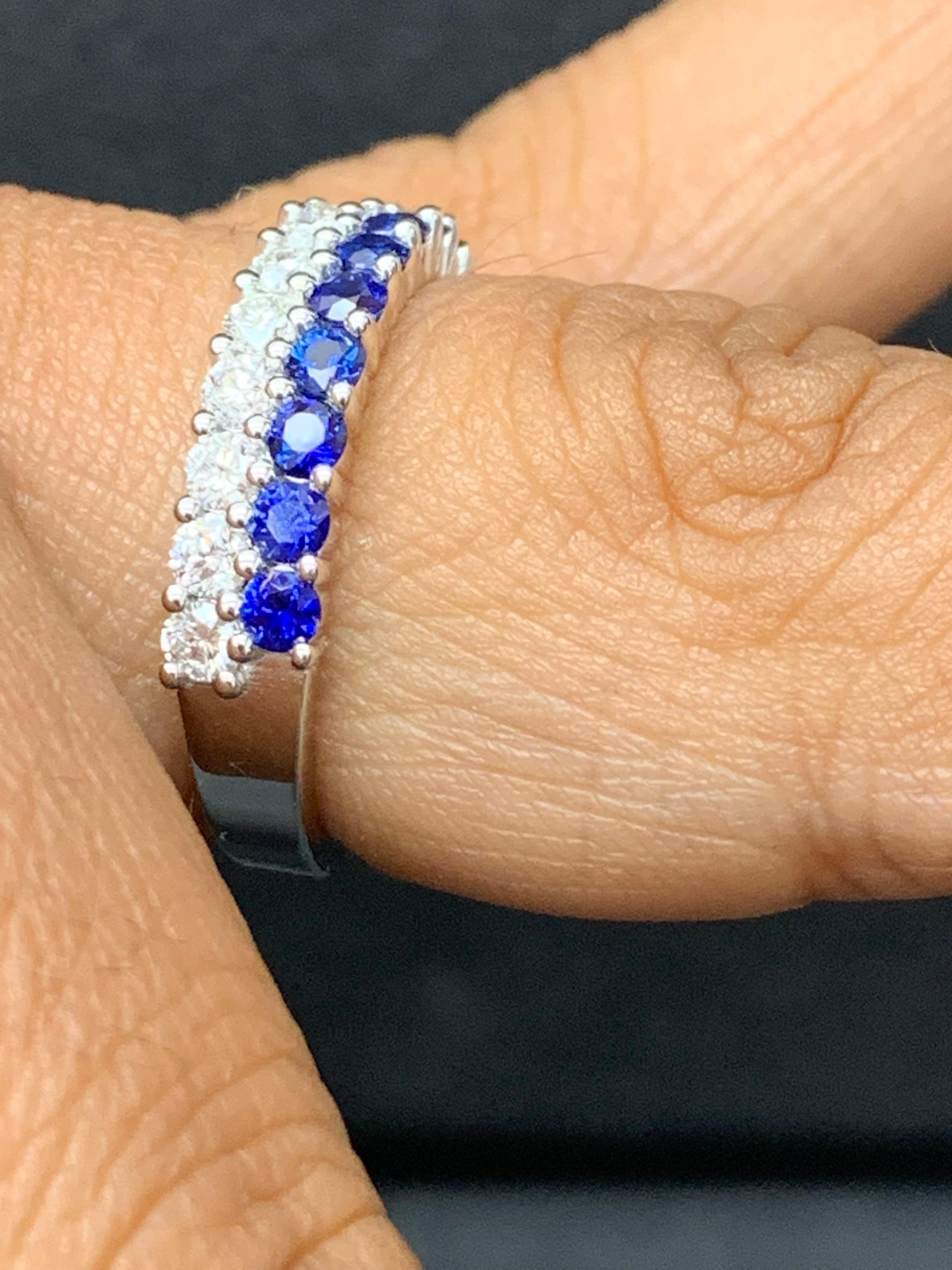Round Cut 0.80 Ct Round Shape Sapphire and Diamond Double Row Band Ring in 14K White Gold For Sale