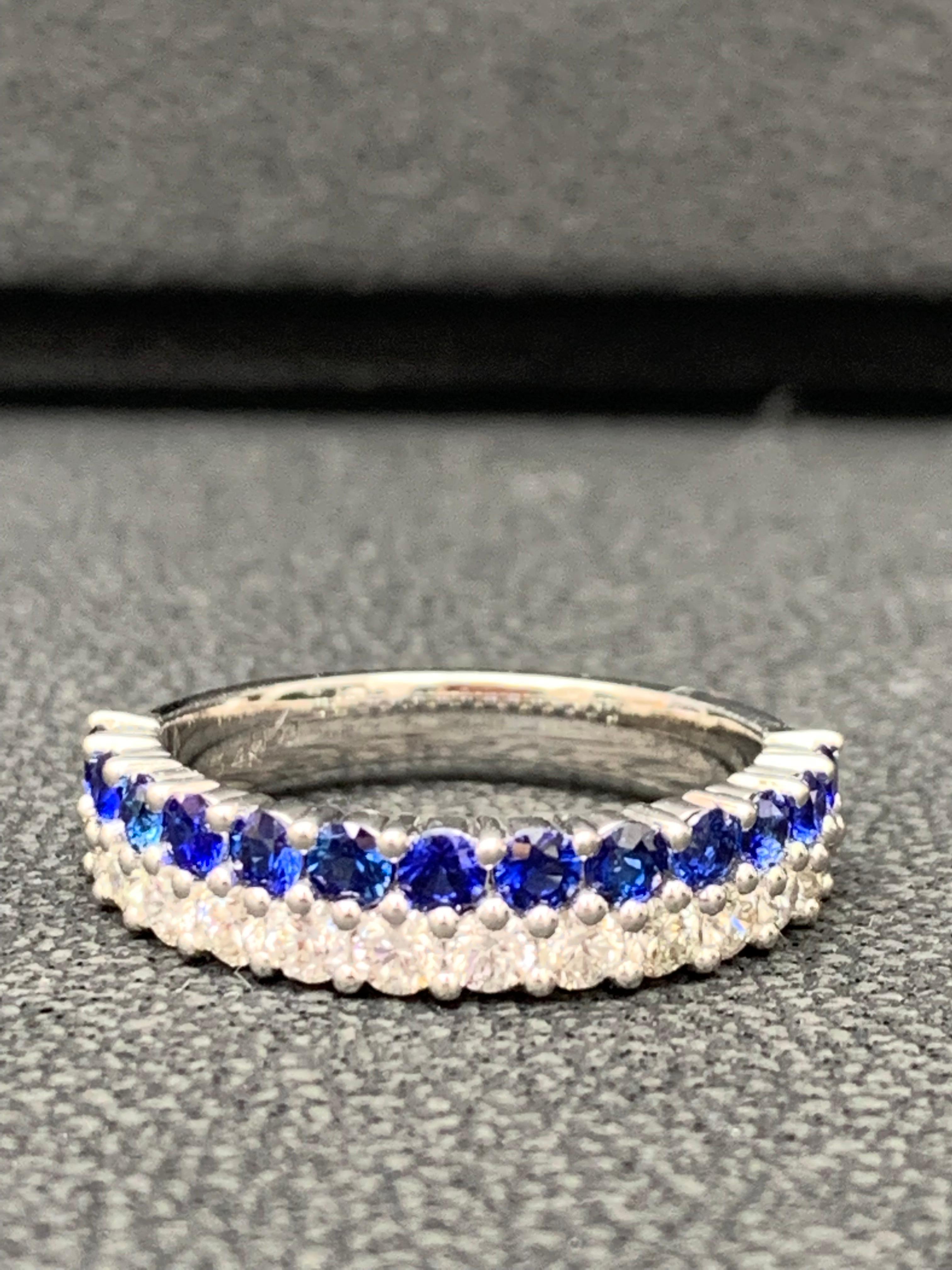 0.80 Ct Round Shape Sapphire and Diamond Double Row Band Ring in 14K White Gold In New Condition For Sale In NEW YORK, NY