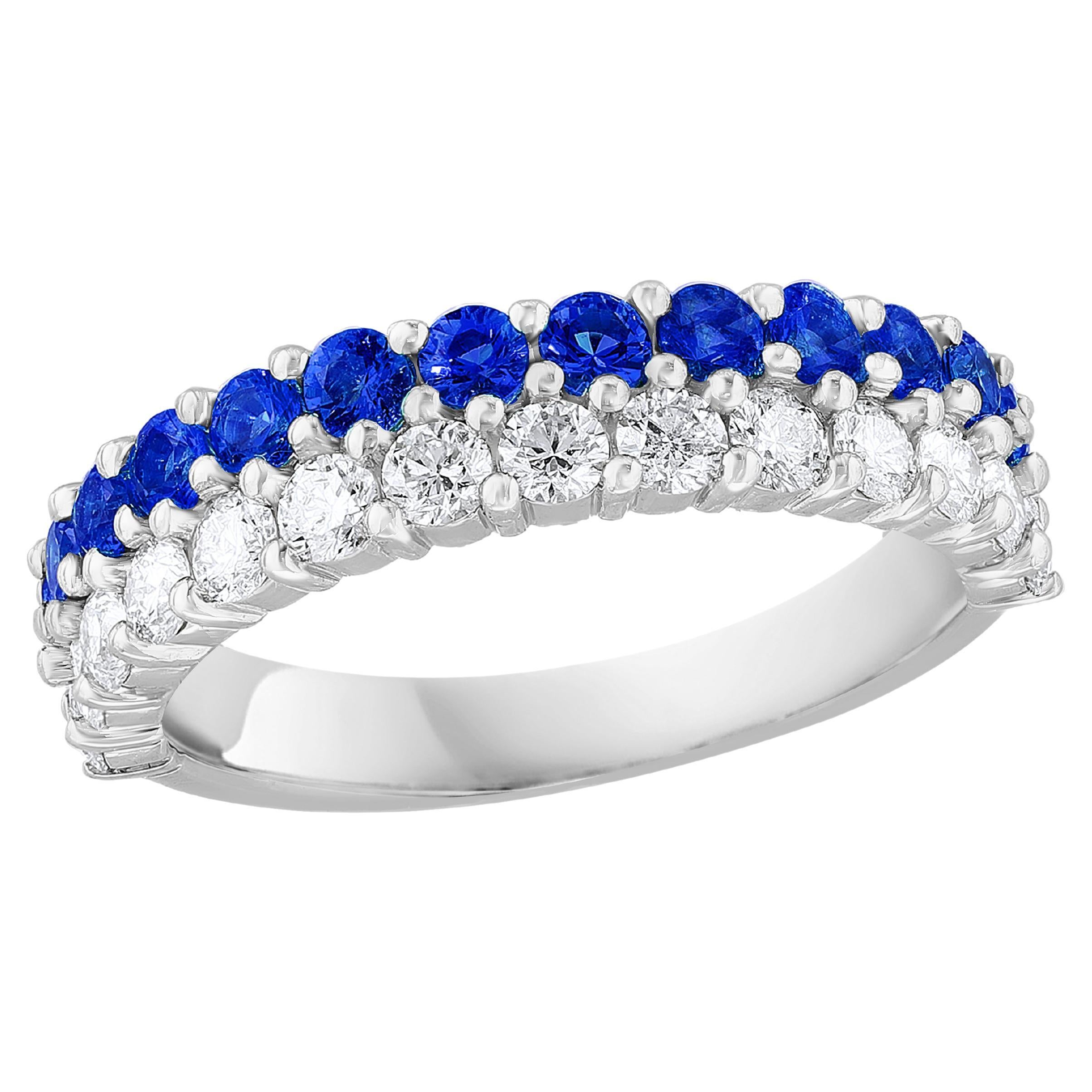 0.80 Ct Round Shape Sapphire and Diamond Double Row Band Ring in 14K White Gold For Sale