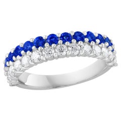 0.80 Ct Round Shape Sapphire and Diamond Double Row Band Ring in 14K White Gold