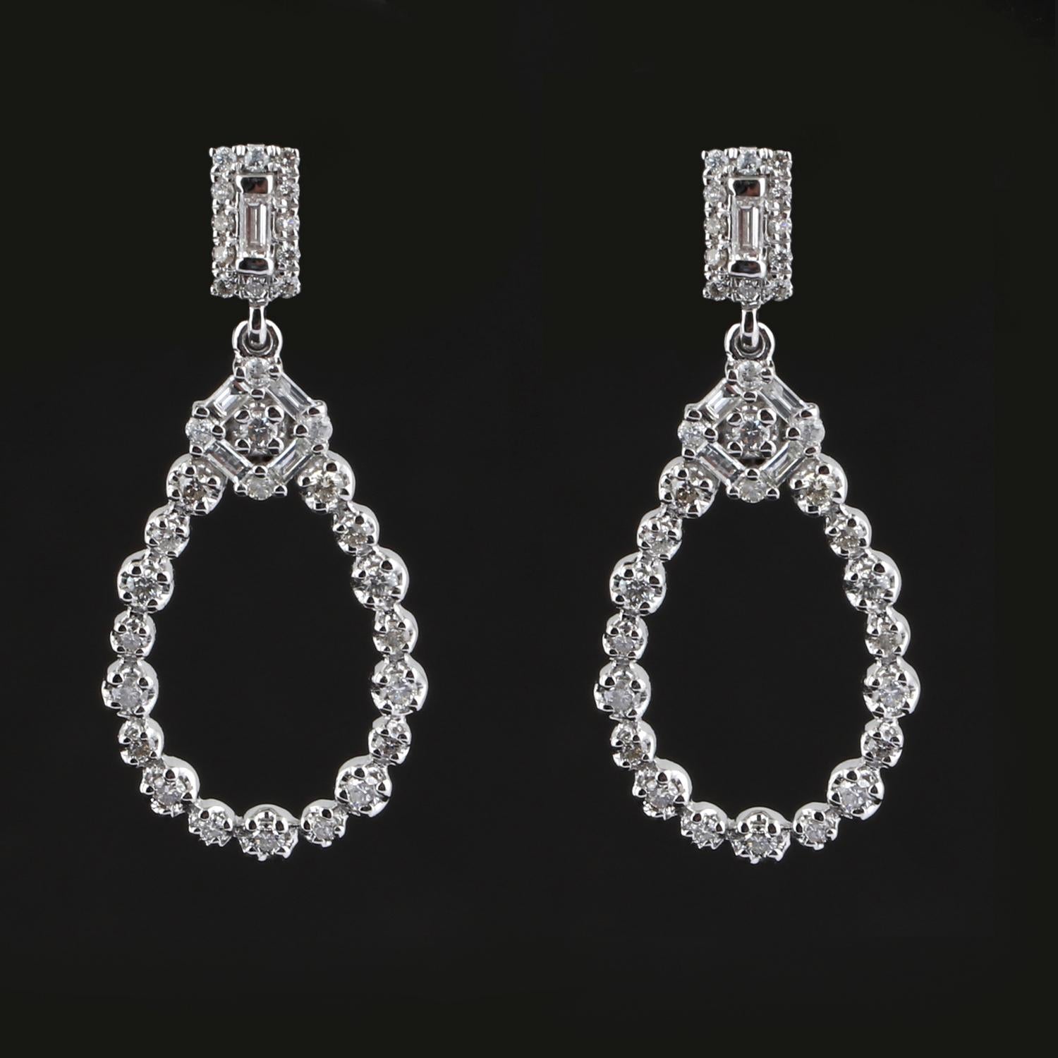 Baguette Cut 0.80 Ct SI/HI Baguette Round Diamond Dangle Earrings 18 Karat White Gold Jewelry For Sale