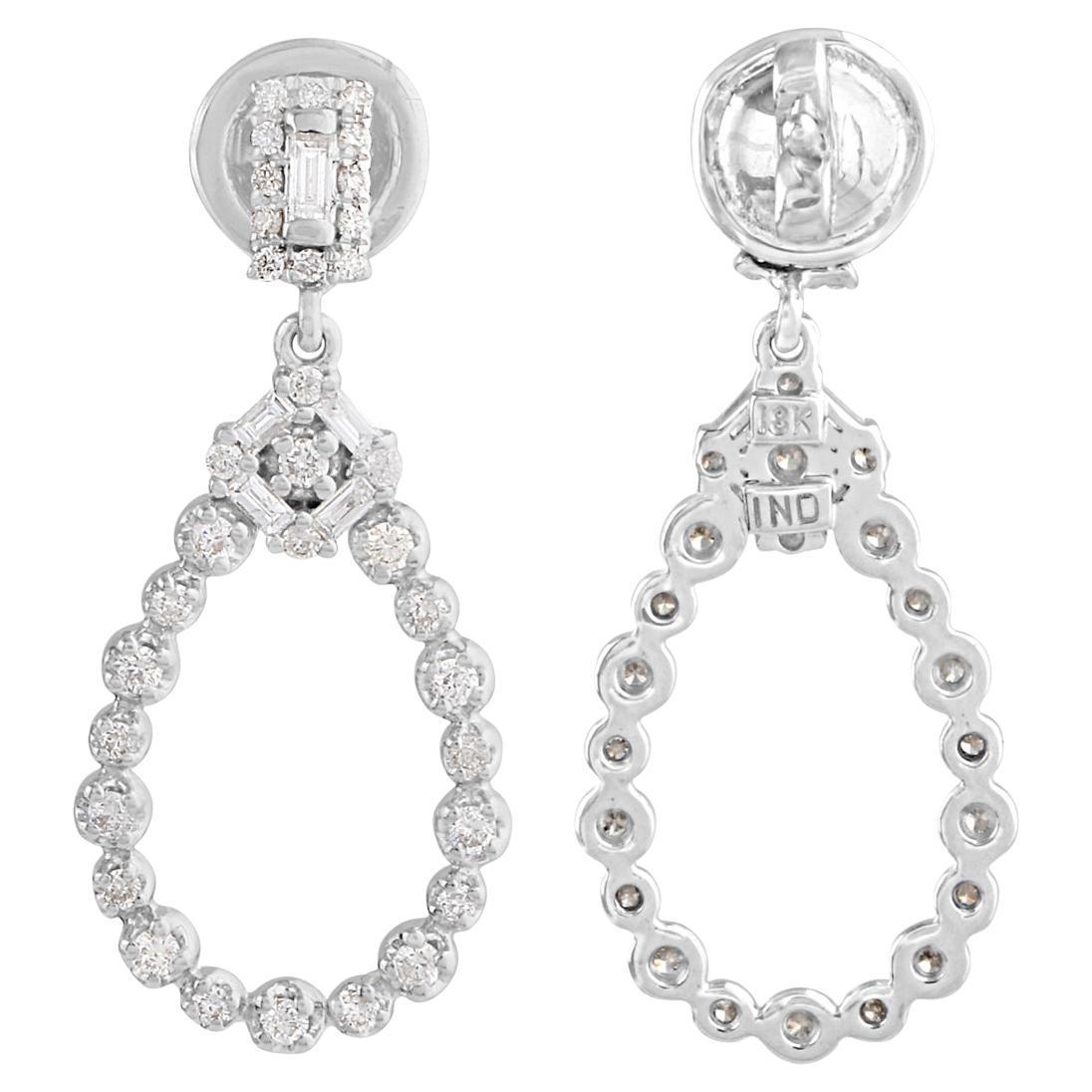 Pendants d'oreilles en or blanc 18 carats avec diamants ronds baguettes de 0,80 carat SI/HI