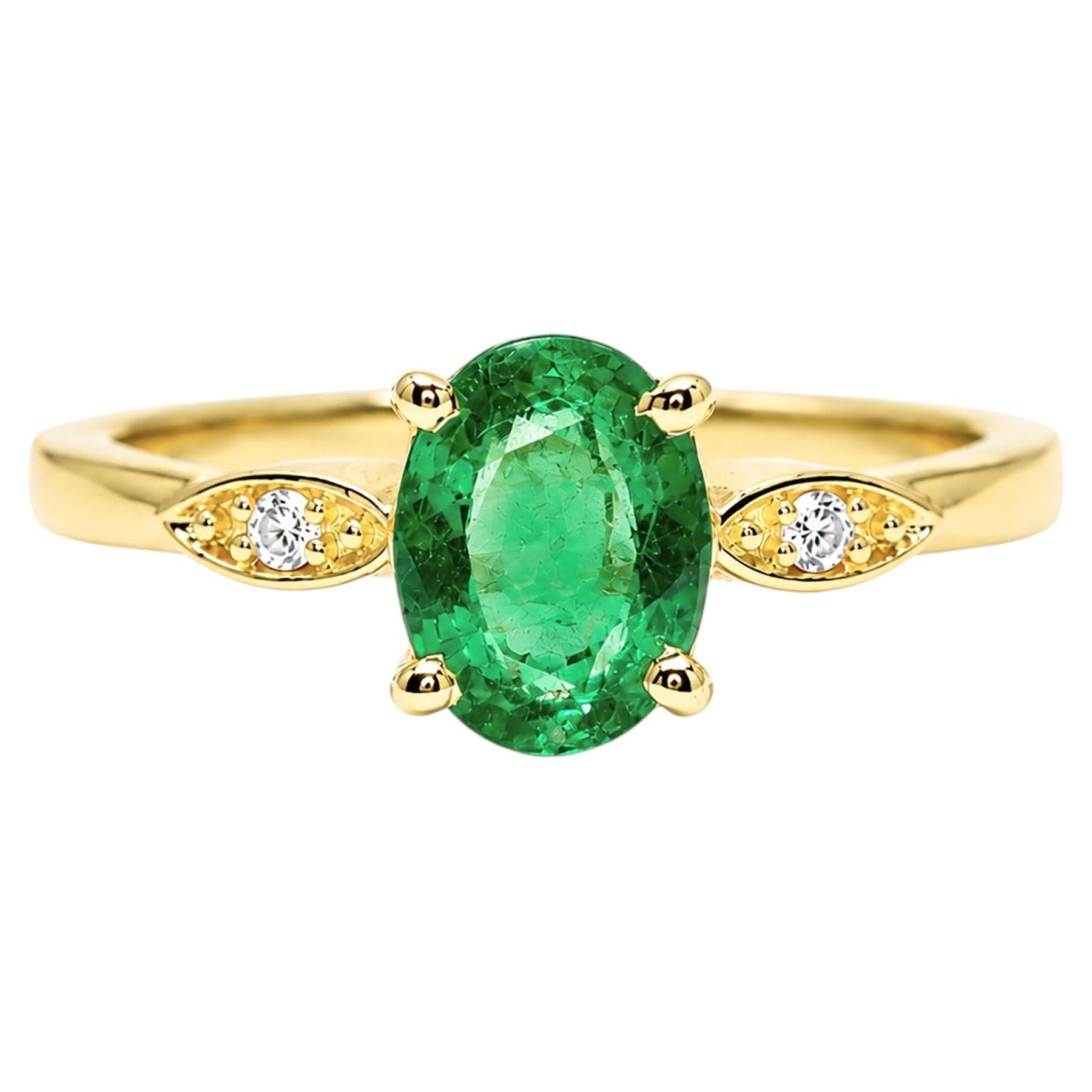 Anello solitario con smeraldo dello Zambia da 0,80 ct, in oro giallo 14K, con smeraldo e diamante in vendita