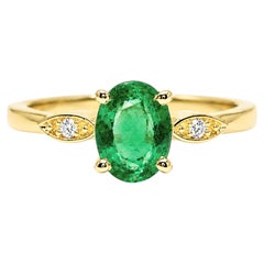 0.80 Ct Zambian Emerald Solitaire Band 14K Yellow Gold Emerald Diamond Solitaire