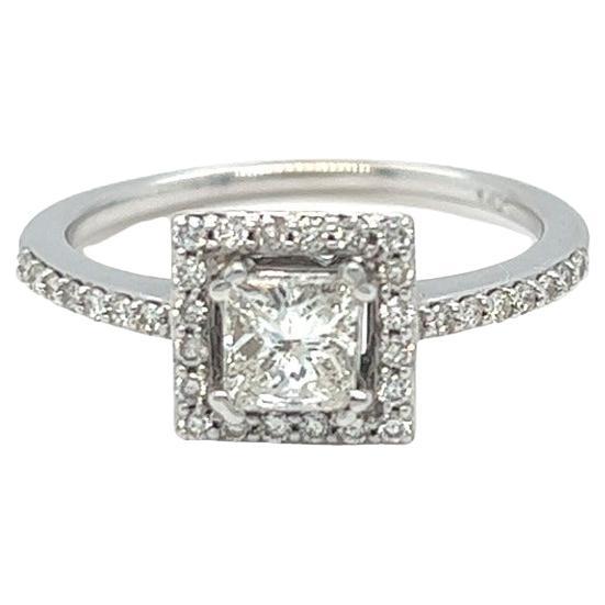 0.80 Cttw. Princess Cut Diamond Halo Engagement Ring 14K White Gold For Sale