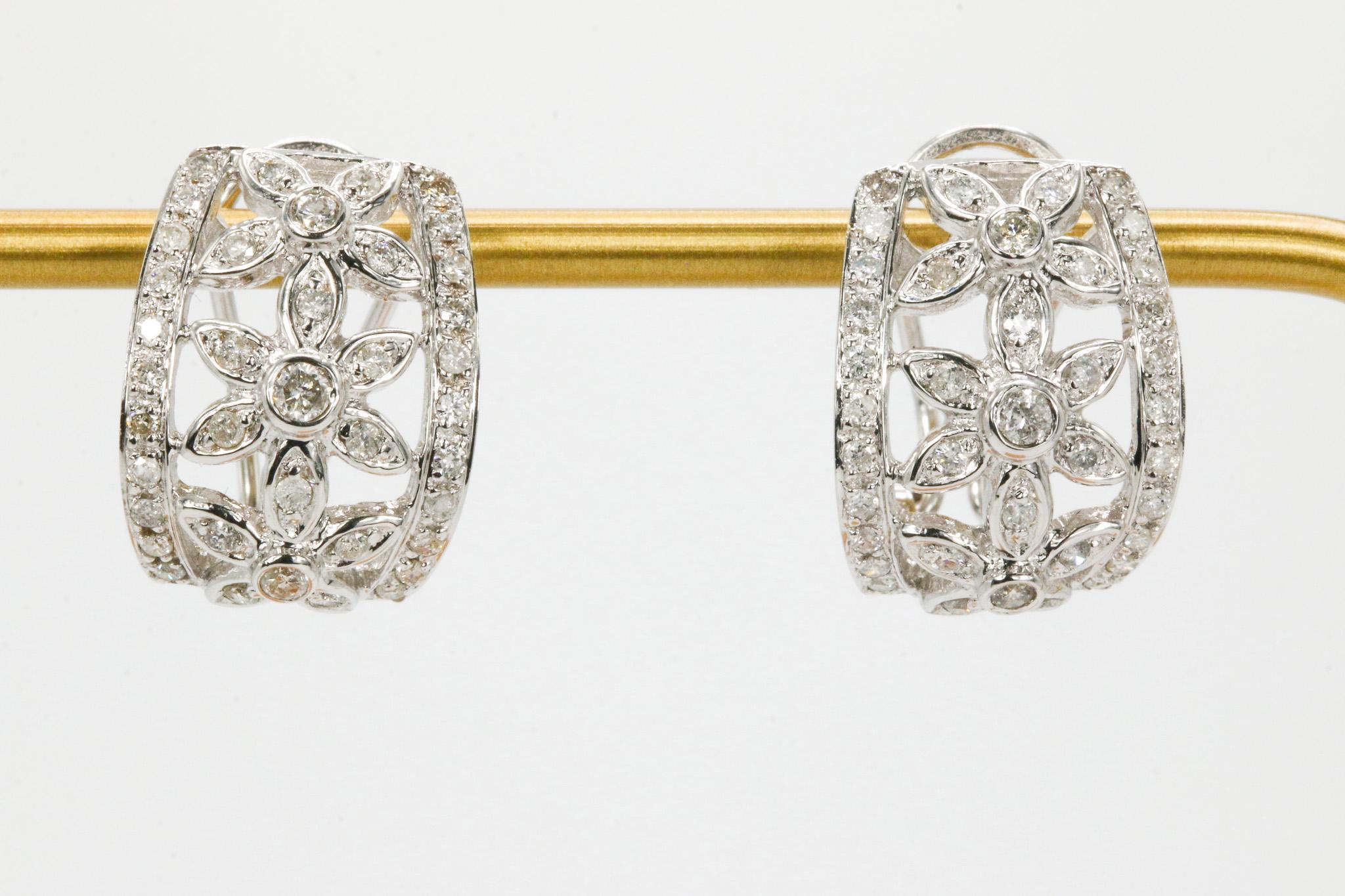 0.80 CTW Flower Diamond Huggie Earrings in 18k White Gold For Sale