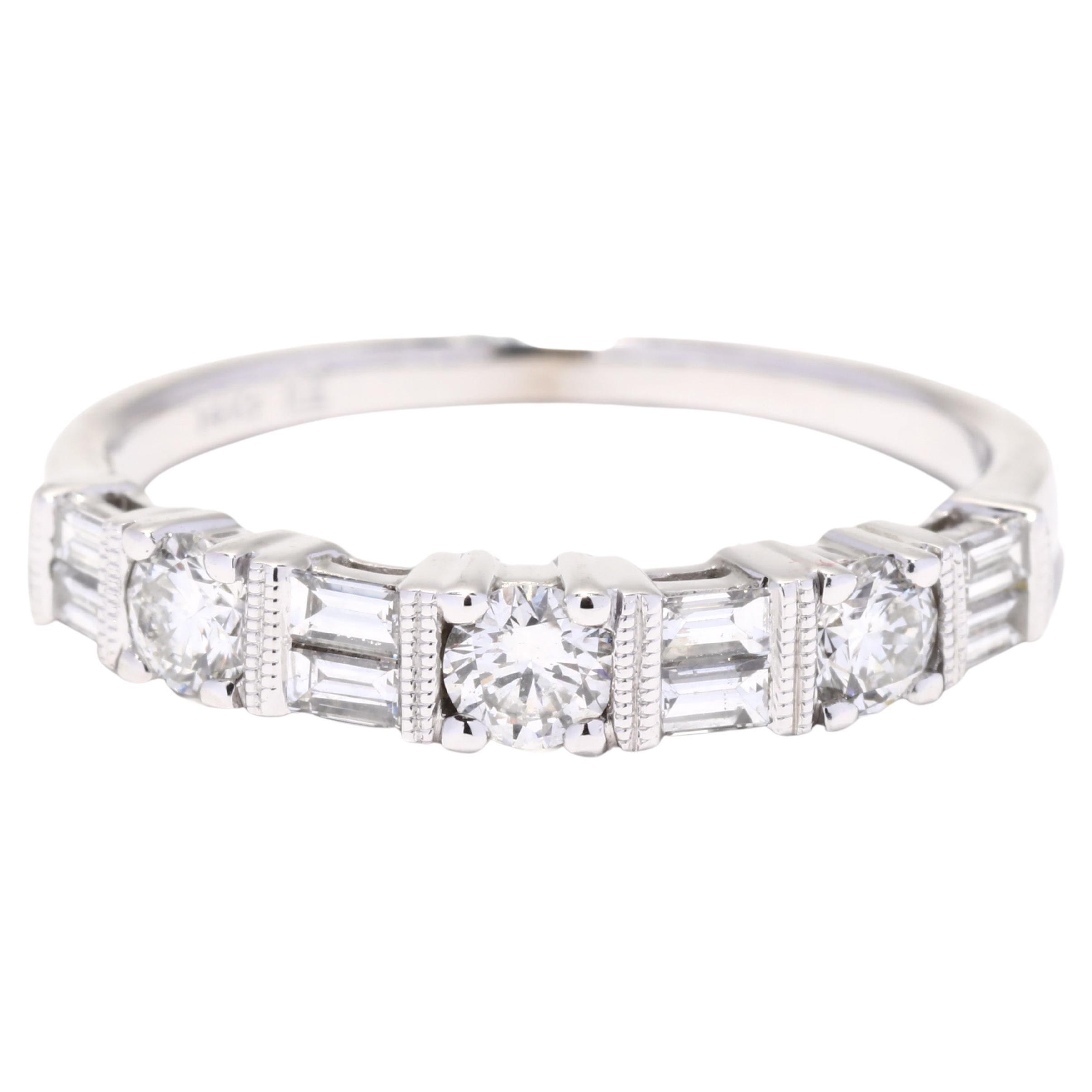 0.80 ctw Round Brilliant Baguette Diamond Stackable Band, 14K White Gold For Sale