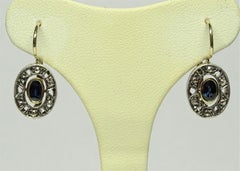 0.80 Oval Sapphire Rose Cut Diamond Yellow Gold Lever-Back Earrings