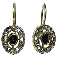 Antique 0.80 Oval Sapphire Rose Cut Diamond Yellow Gold Lever-Back Earrings