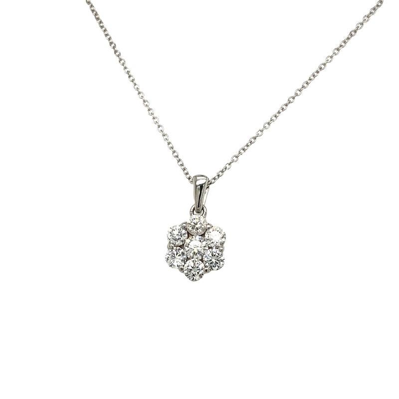 Dazzling and charming, this gorgeous Diamond pendant is set with 0.80ct F/VS cluster of natural round Diamonds in platinum, The pendant is suspended from a platinum chain that measures 16 inches.

Additional Information:
Item Length: 16