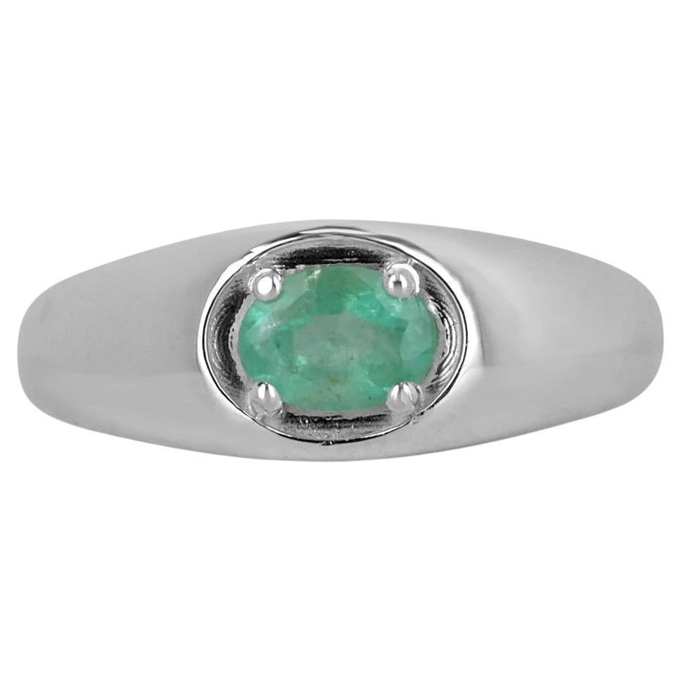 0.80ct Men's Oval Cut Emerald Set in 4 Prong Solitaire Sterling Silver Band Ring