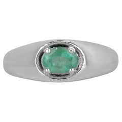 0.80ct Men's Oval Cut Emerald Set in 4 Prong Solitaire Sterling Silver Band Ring