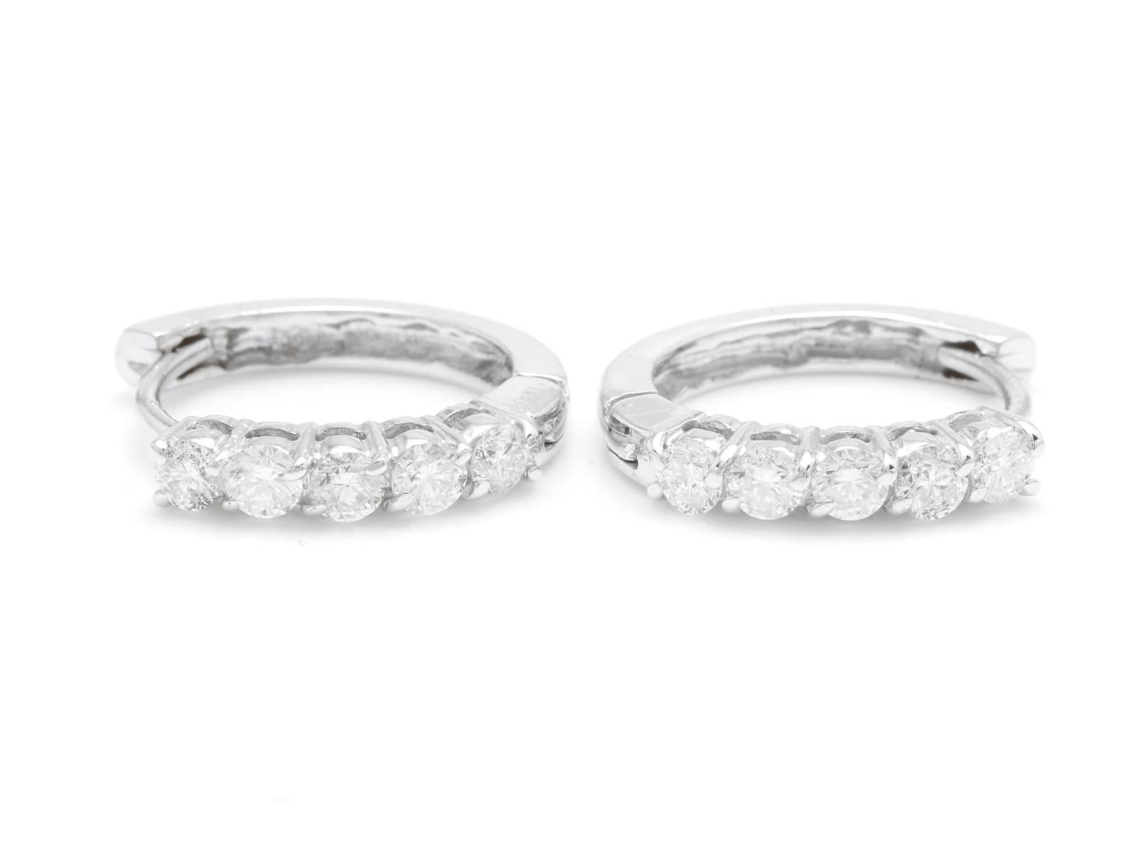 Round Cut 0.80ct Natural Diamond 14k Solid White Gold Hoop Earrings For Sale