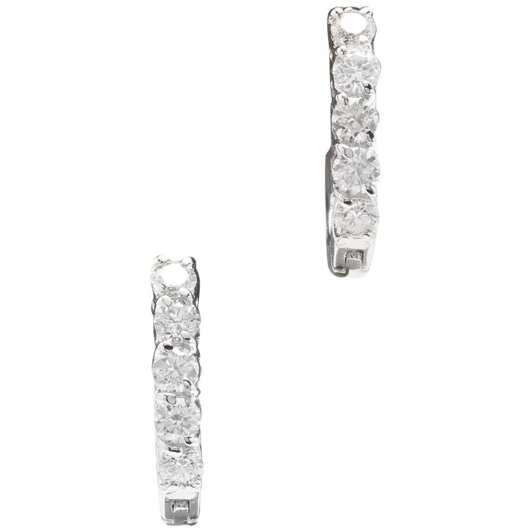 0.80ct Natural Diamond 14k Solid White Gold Hoop Earrings For Sale