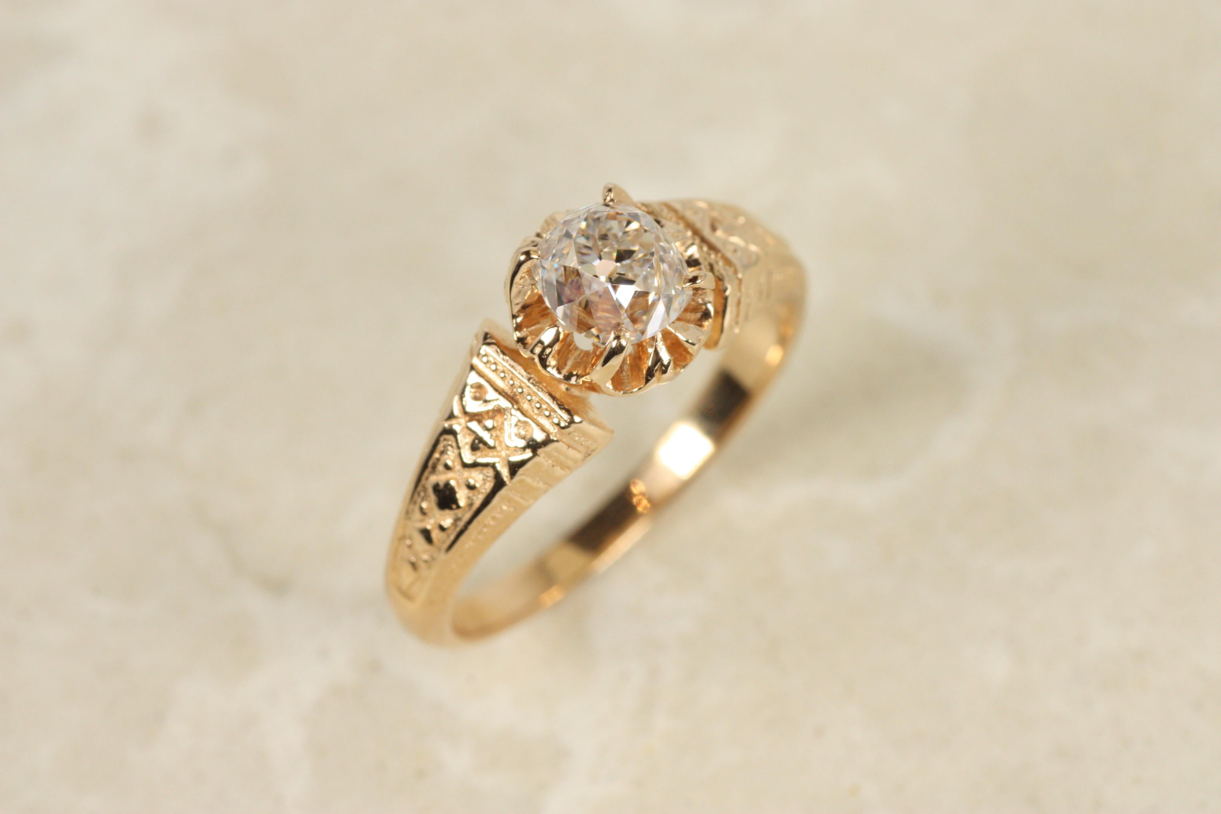 Victorien Bague de fiançailles solitaire victorienne en or rose 18 carats, diamant taille ancienne de 0,80 carat en vente