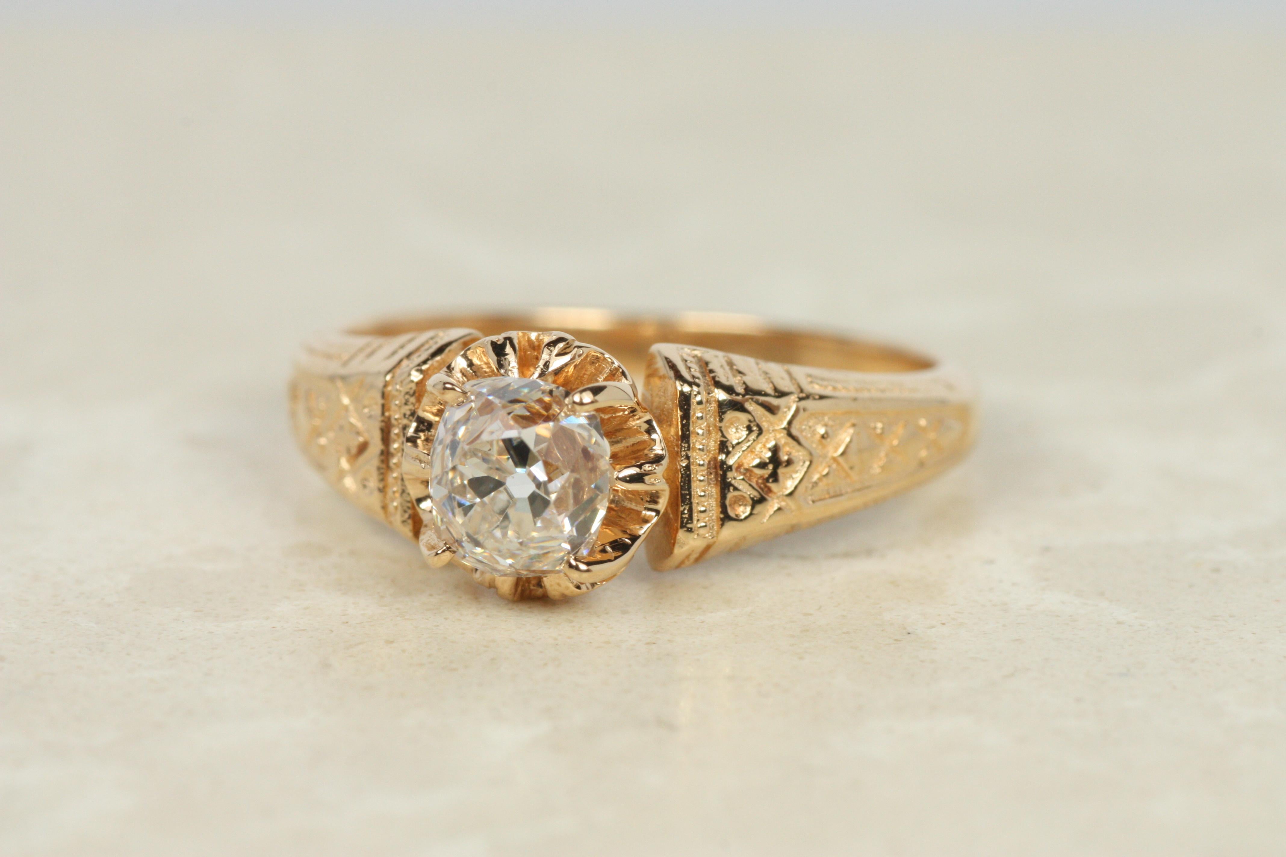 Taille vieille mine Bague de fiançailles solitaire victorienne en or rose 18 carats, diamant taille ancienne de 0,80 carat en vente