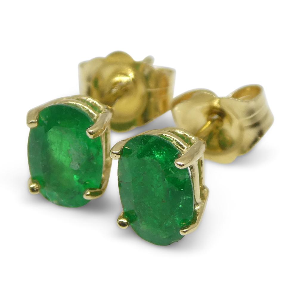 0.80ct Oval Green Colombian Emerald Stud Earrings set in 14k Yellow Gold For Sale 12