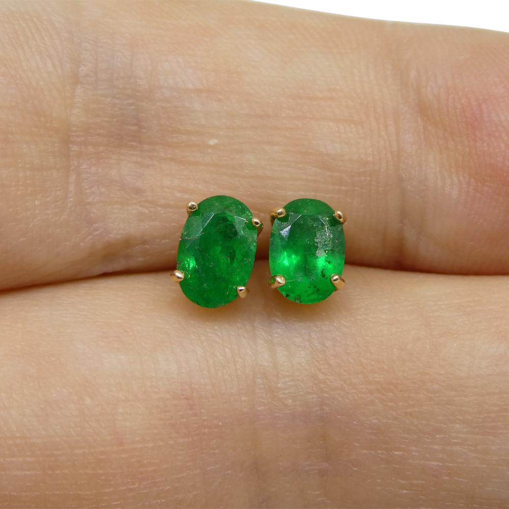 0.80ct Oval Green Colombian Emerald Stud Earrings set in 14k Yellow Gold For Sale 14