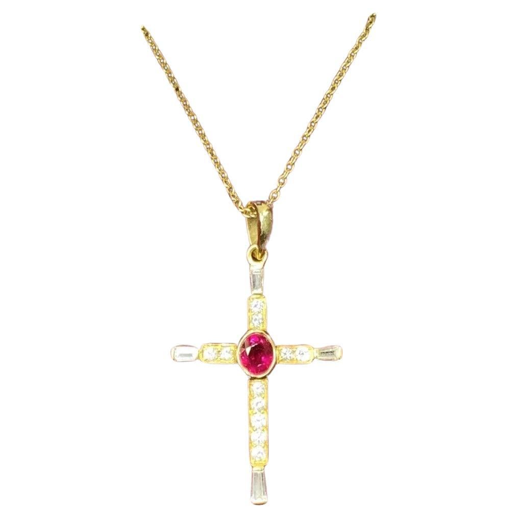 0.80ct Ruby And Diamond Baguette Cross In 18k Yellow Gold Necklace Pendant 4.1g.