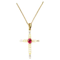 0.80ct Ruby And Diamond Baguette Cross In 18k Yellow Gold Necklace Pendant 4.1g.