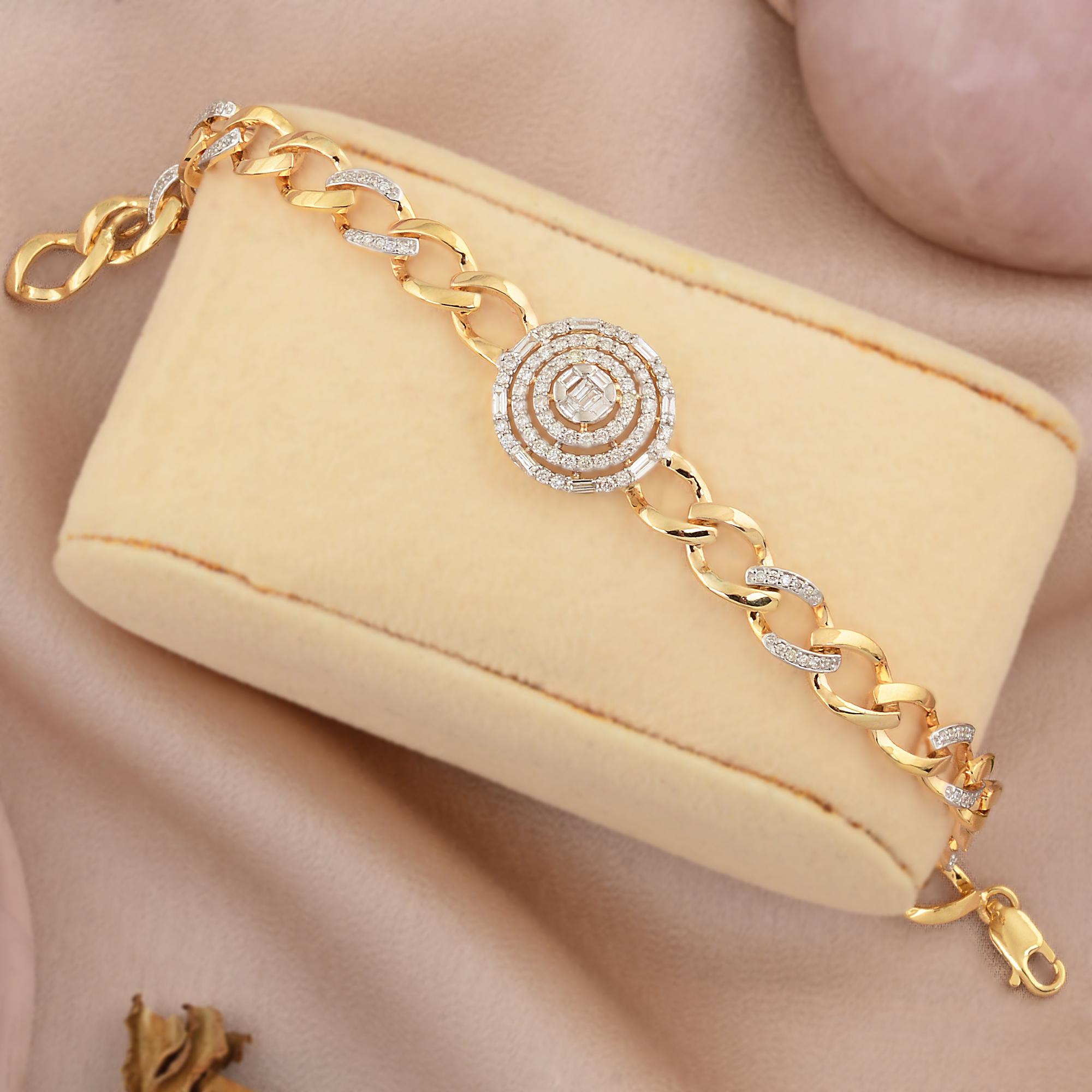 0.80ct SI/HI Diamond Cluster Curb Link Chain Bracelet Gift 18K Yellow Gold In New Condition For Sale In Diera, Dubai