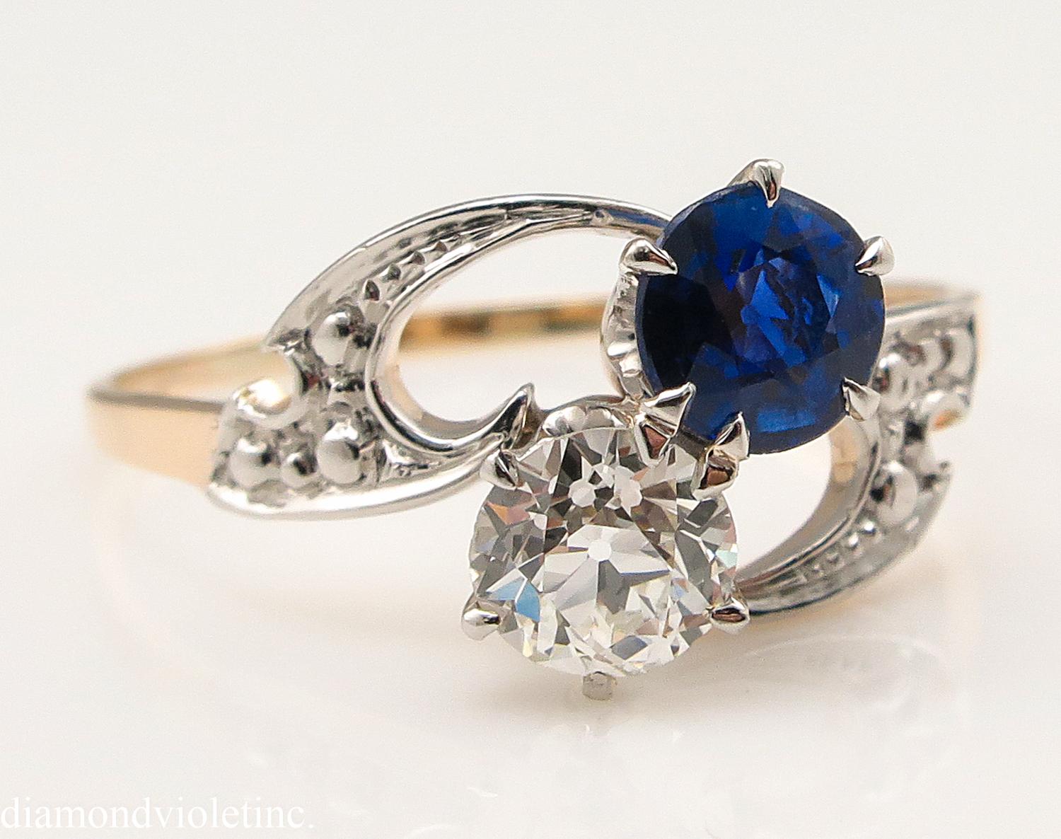 An Amazing Antique Late Victorian BEAUTIFUL CROSSOVER Diamond and Sapphire Engagement, Anniversary, Wedding or Right Hand Ring! The ring contains 0.40ct Gemologic Certified Old cut Round shaped diamond in G color and VS clarity (Near COLORLESS and