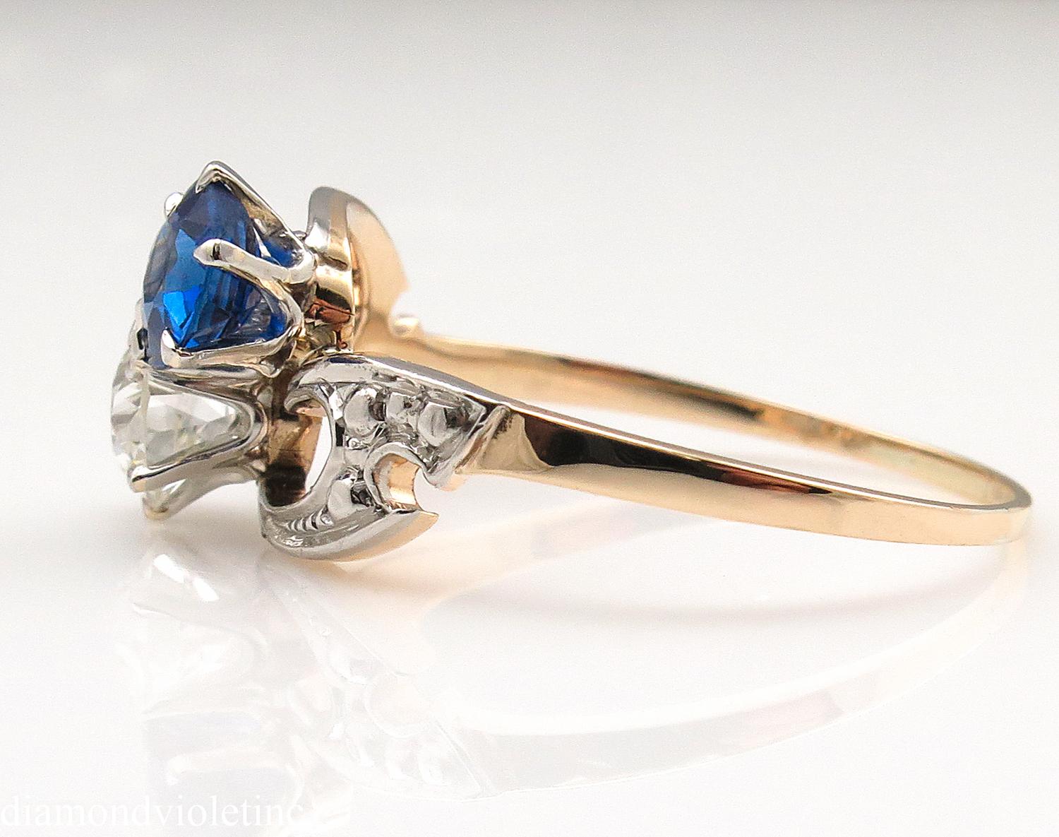 0.80 Carat Victorian Diamond Sapphire Crossover Wedding Yellow Gold Ring 1