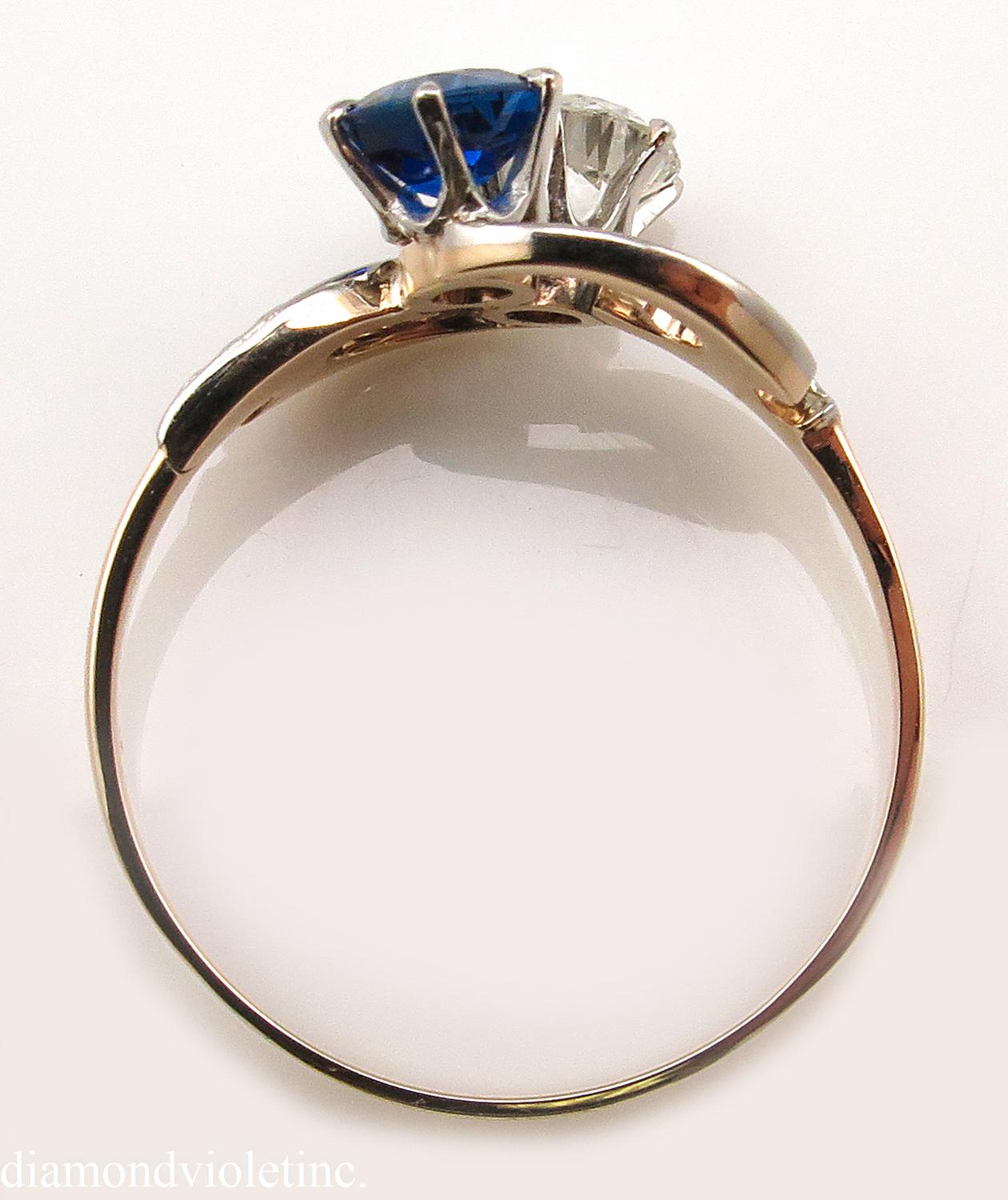 0.80 Carat Victorian Diamond Sapphire Crossover Wedding Yellow Gold Ring 3