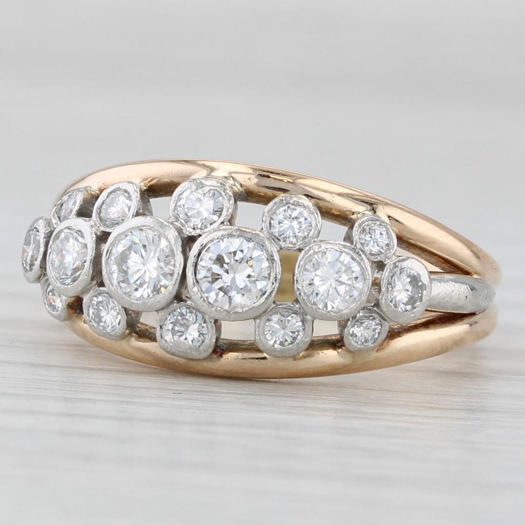 Bague grappe de diamants 0,80 ctw en platine jaune 18 carats taille 7 en vente 1