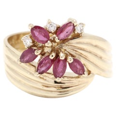 Retro 0.80ctw Ruby Diamond Cluster Bypass Ring, 14K Yellow Gold, Ring Size 6.25