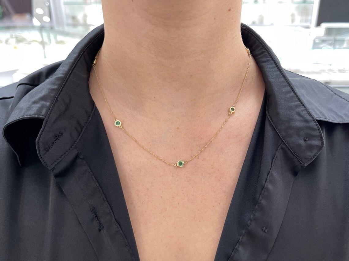 0.80tcw 14K Natural Round Cut Bezel Set Emerald By The Yard Cable Chain Necklace For Sale 1