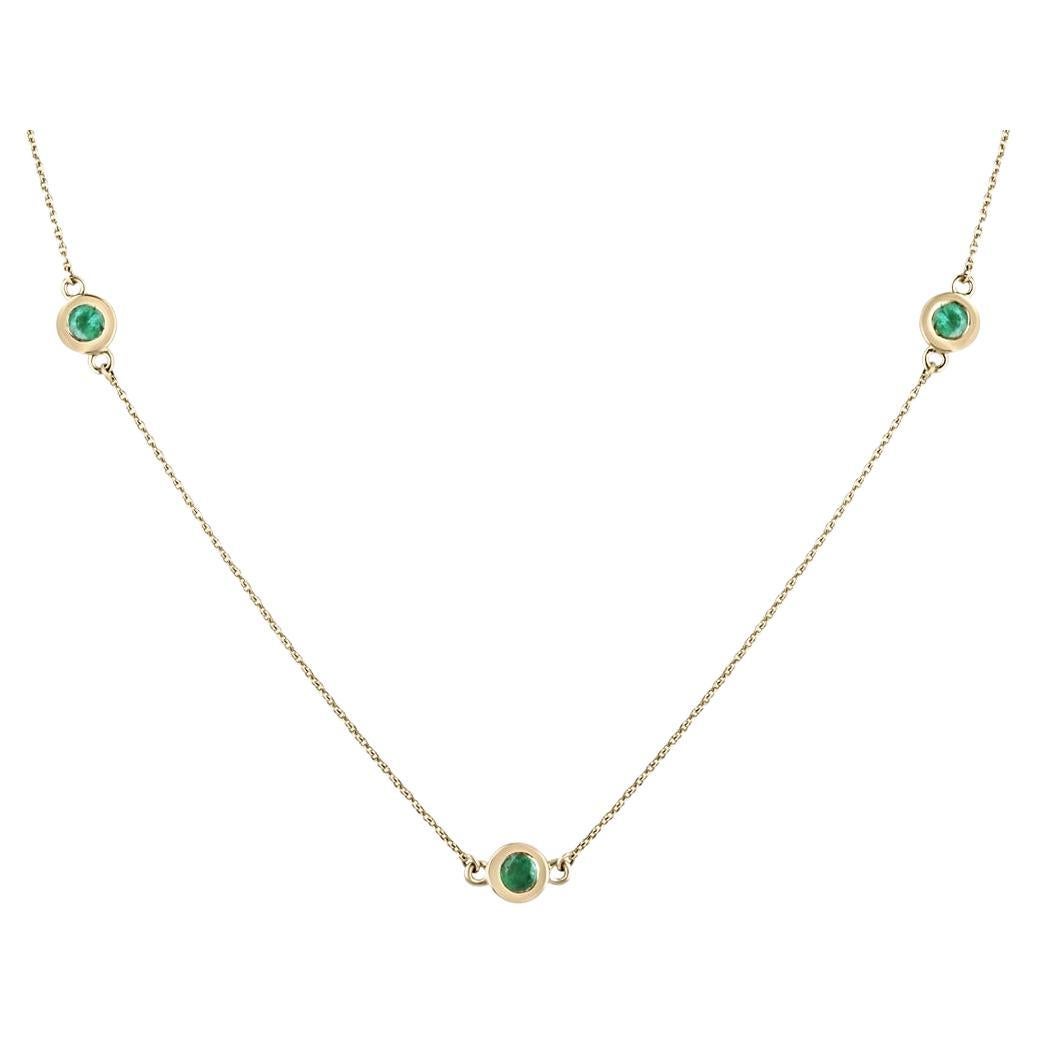 0.80tcw 14K Natural Round Cut Bezel Set Emerald By The Yard Cable Chain Necklace For Sale