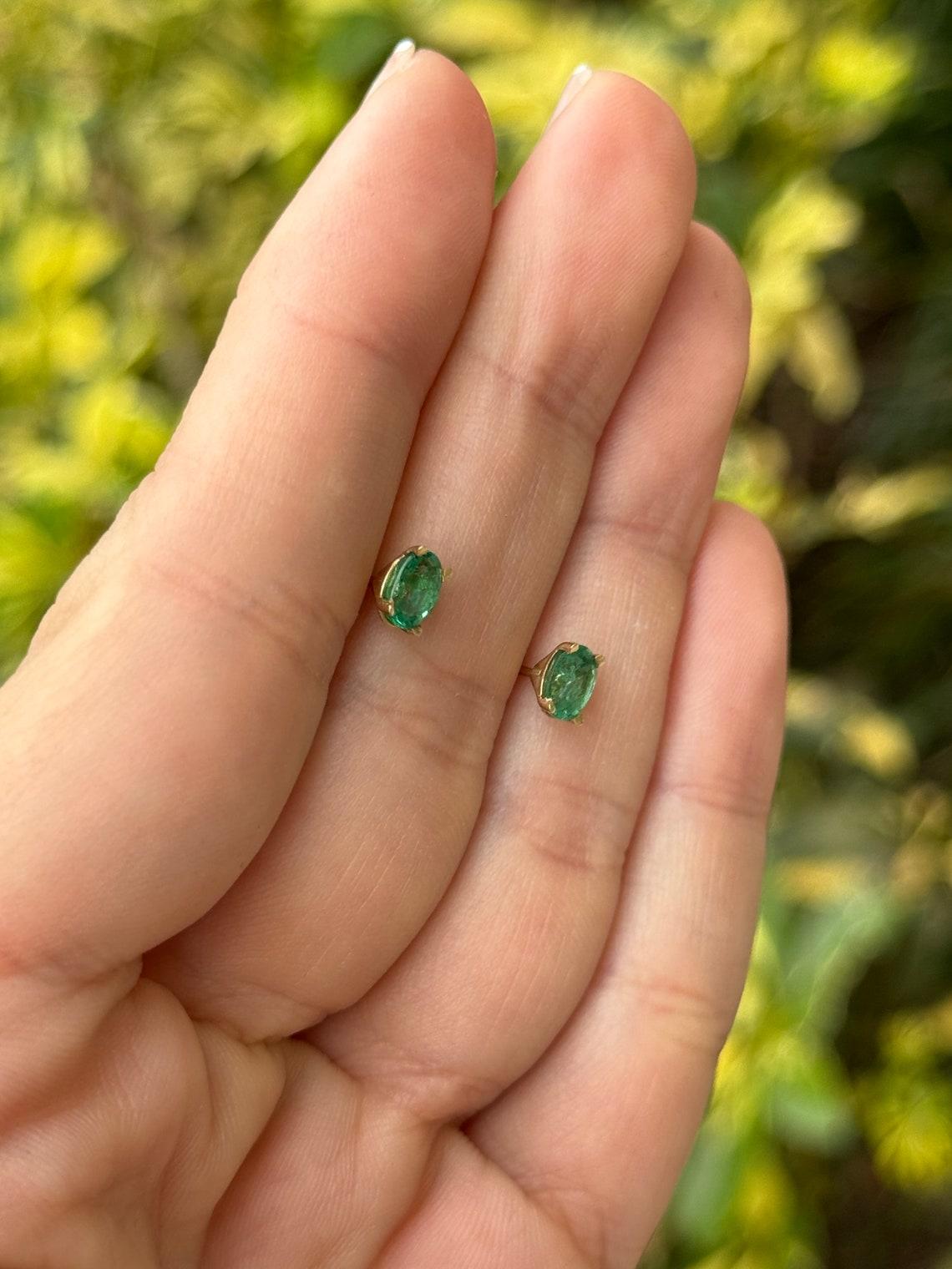 Oval Cut 0.80tcw 14K Petite Oval Emerald Stud Earrings Four Prong Baby Studs Green For Sale