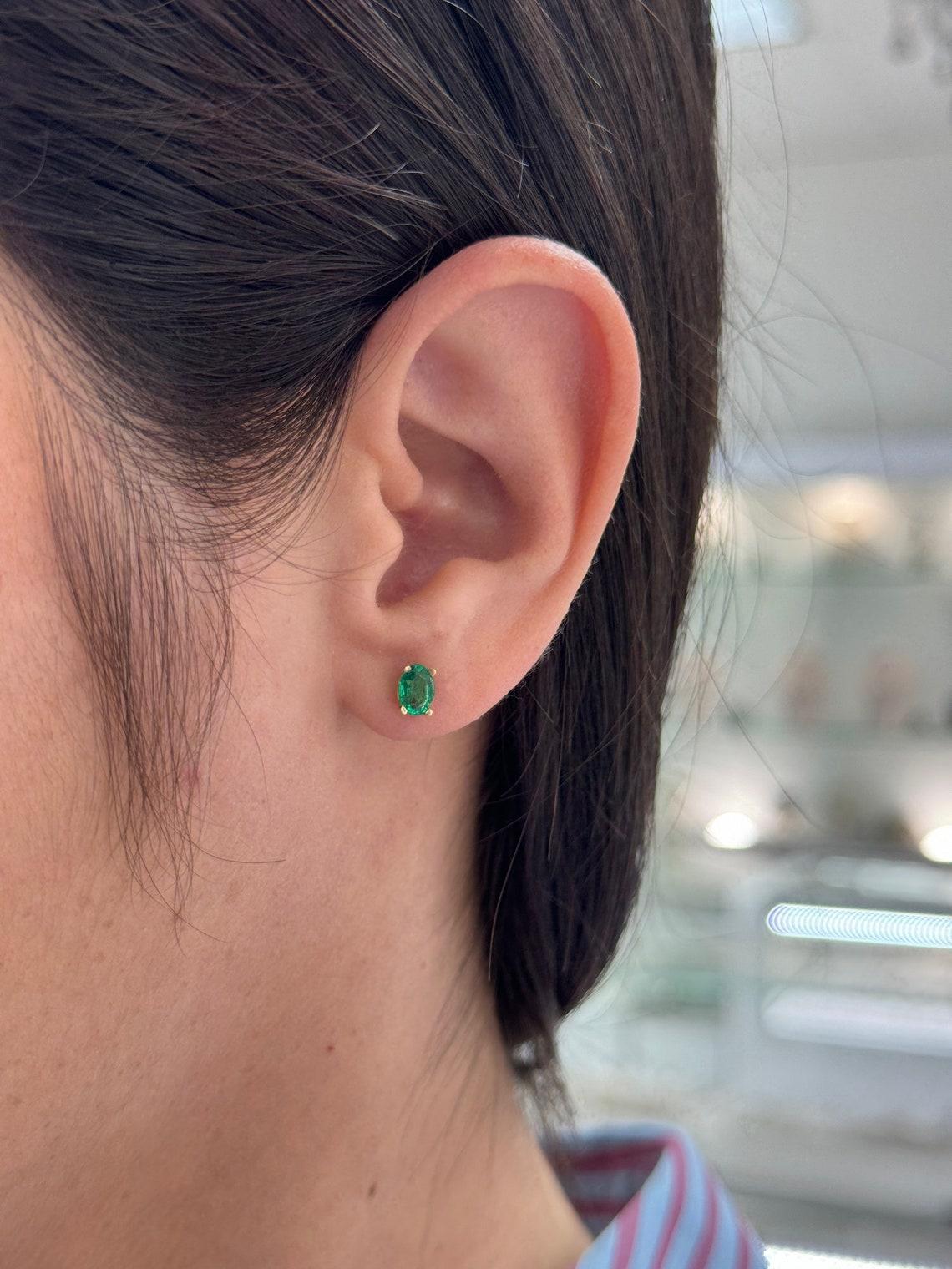 Women's 0.80tcw 14K Petite Oval Emerald Stud Earrings Four Prong Baby Studs Green For Sale