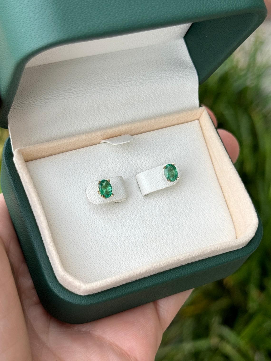 0.80tcw 14K Petite Oval Emerald Stud Earrings Four Prong Baby Studs Green For Sale 2