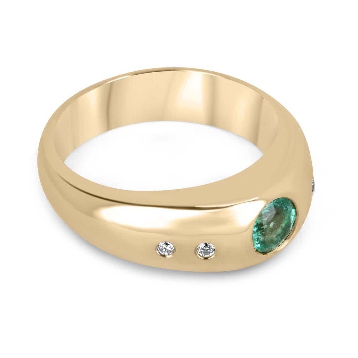 A sophisticated emerald and diamond unisex statement ring. This dapper piece features a remarkable natural AA quality emerald, round cut. Fully faceted, this gemstone displays excellent shine and a vivid, medium-dark green color with excellent to