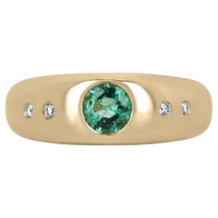 0.80tcw 18K Round Cut Emerald & Round Diamond Accent Unisex 5 Stone Gold Ring