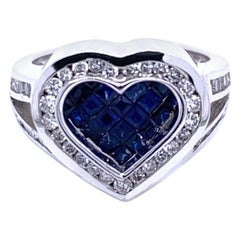 Bague à tige fendue en forme de cœur en or 18 carats avec diamants de 0,81 carat et saphir bleu de 0,92 carat