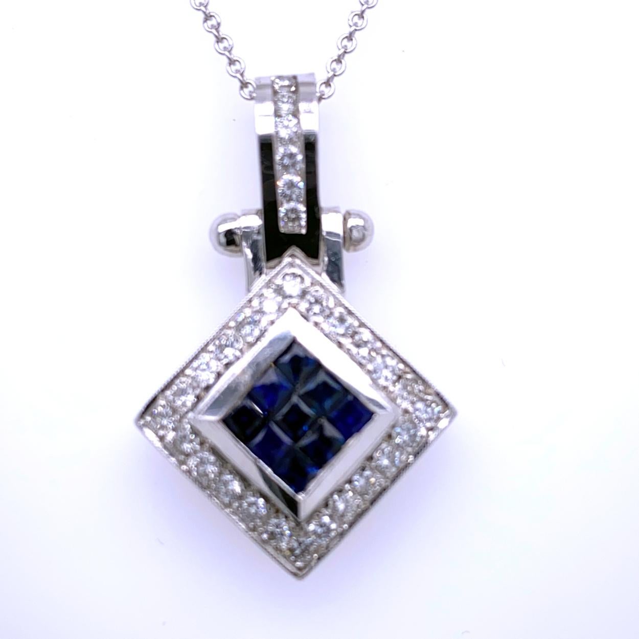 18K Gold Square Shape Diagonal Pendant with 9 Invisible Set Princess Cut Blue Sapphires (Total Gem Weight 0.97 Ct) surrounded by a pave set Halo of diamonds and channel set Bale with total weight of 0.81 Ct. 
Total Diamond Weight: 0.81 Ct
Total Gem