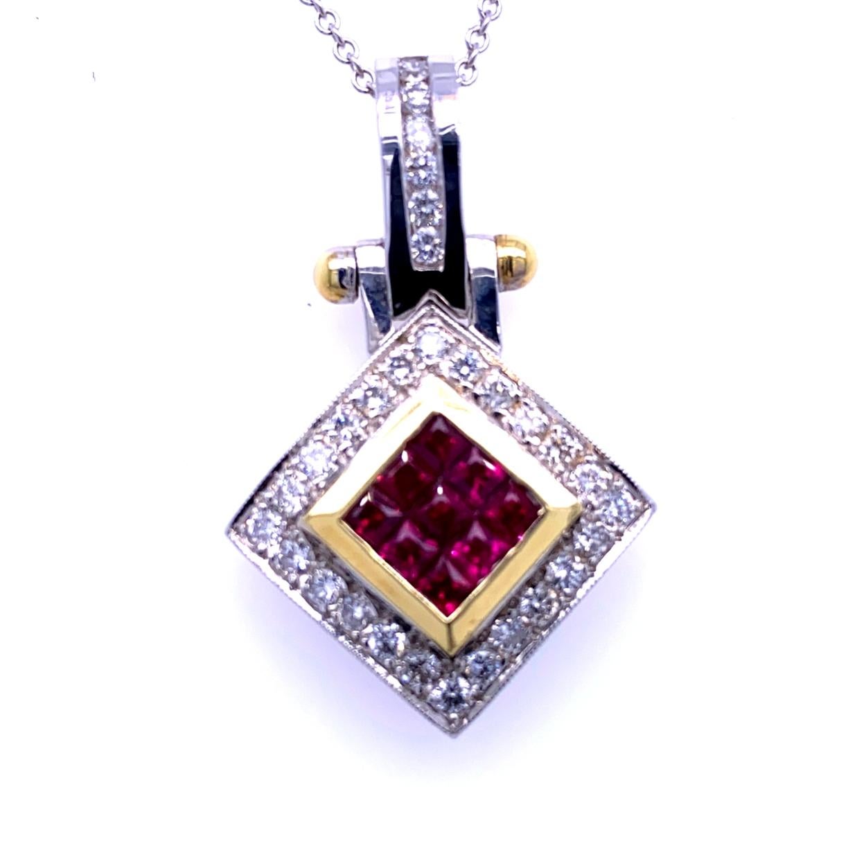 18K Gold Square Shape Diagonal Pendant with 9 Invisible Set Princess Cut Rubies (Total Gem Weight 0.97 Ct) surrounded by a pave set Halo of diamonds and channel set Bale with total weight of 0.81 Ct. 
Total Diamond Weight: 0.81 Ct
Total Gem Weight: