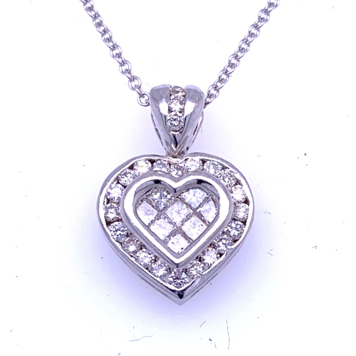 18K Gold Heart shaped Pendant with 8 Invisible Set Princess Cut Diamonds  surrounded by a Channel set Halo of diamonds and Diamond Bale with total weight of 0.81 Ct. 
Total Diamond Weight: 0.81 Ct
Total Necklace Weight: 5 gr
Pendant Size 13x18 mm