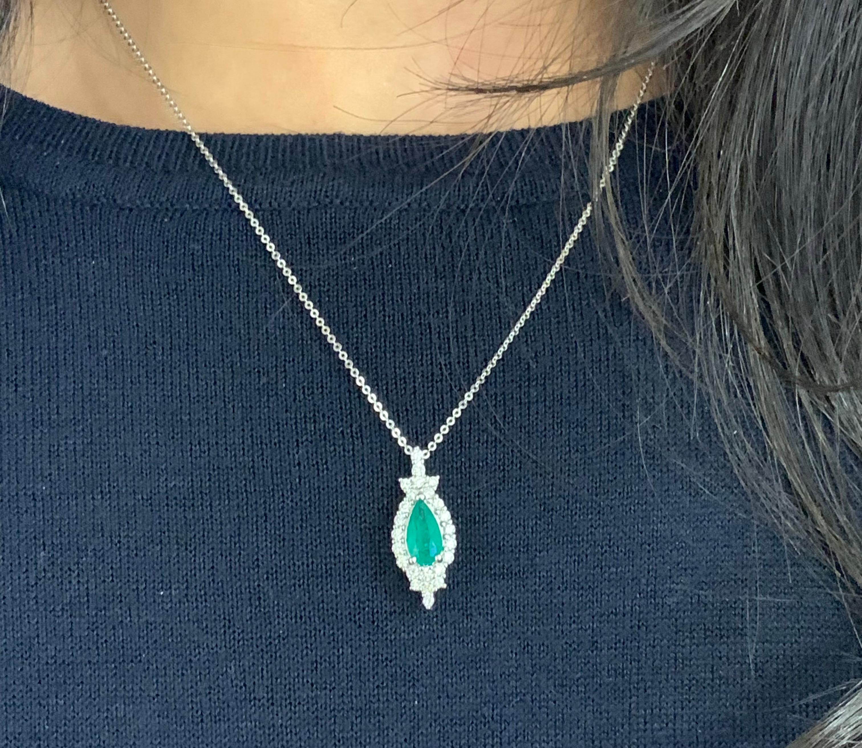 Pear Cut 0.81 Carat Emerald and Diamond Pendant