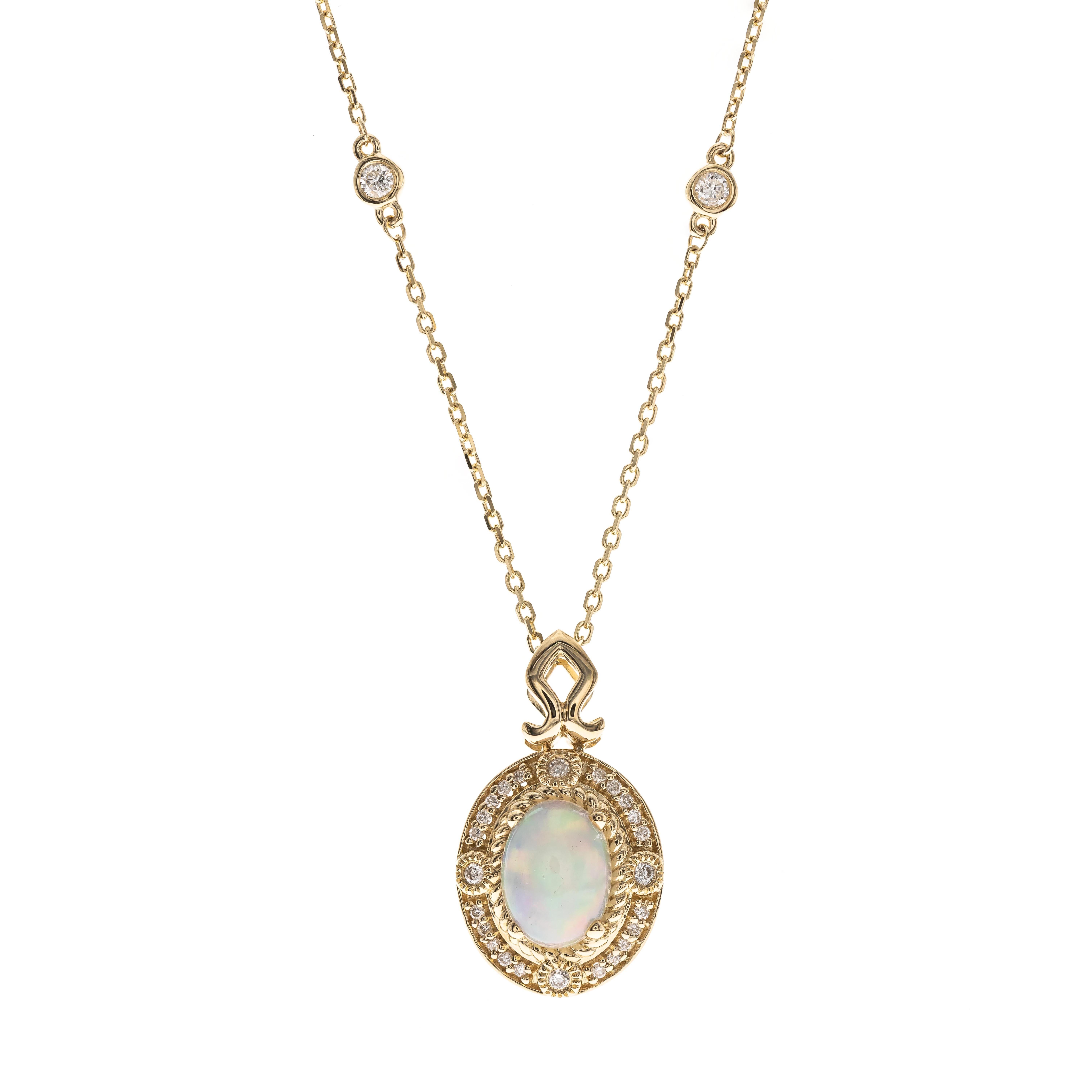 This beautiful Natural Opal Pendant is crafted in 14-karat Yellow gold and features a 0.81 carat 1 Pc Natural Opal and 24 Pcs Round White Diamonds in GH- I1 quality with 0.09 Ct in a prong-setting. This Pendant comes in 18