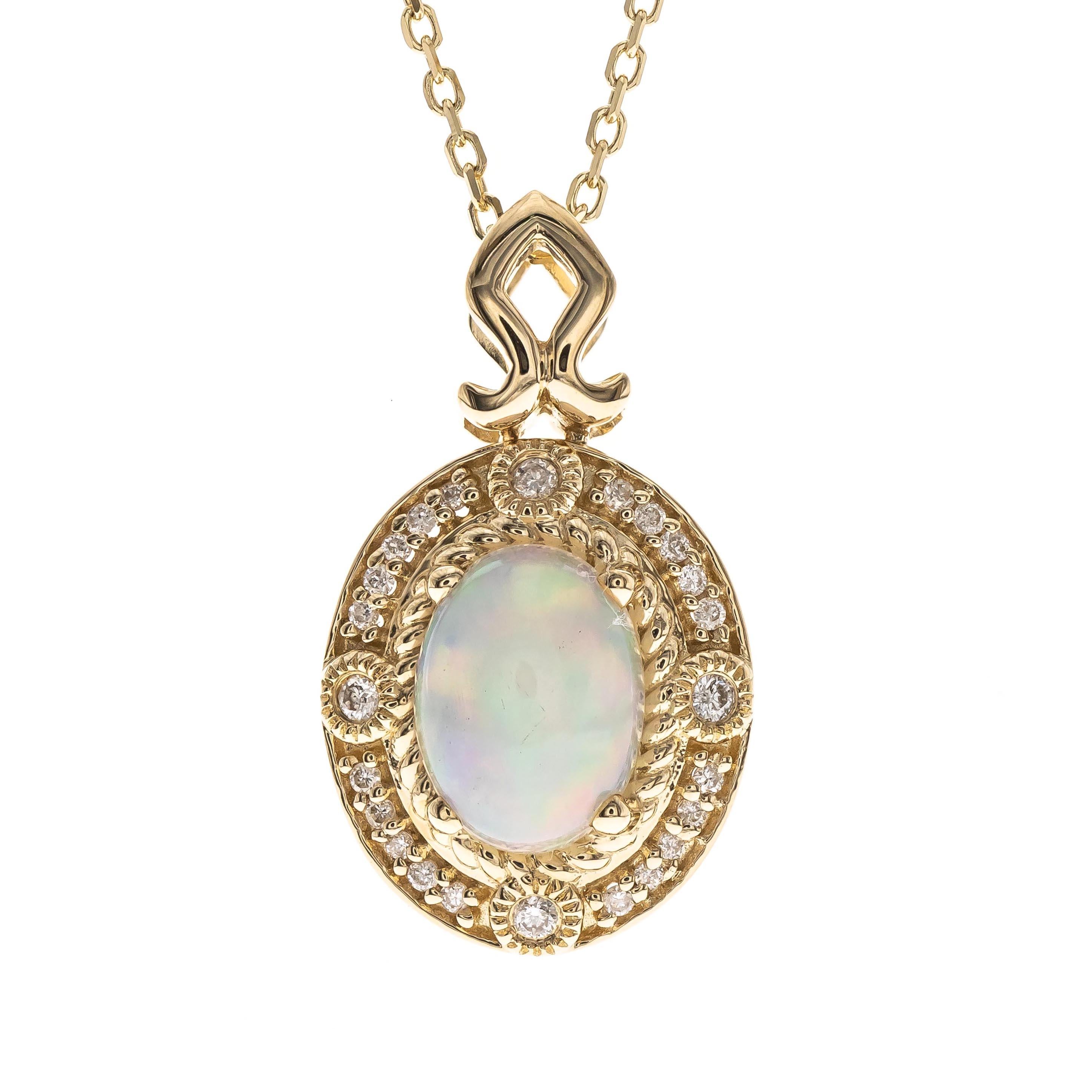 Art Deco 0.81 Carat Natural Opal and Diamond 14 Karat Yellow Gold Pendant