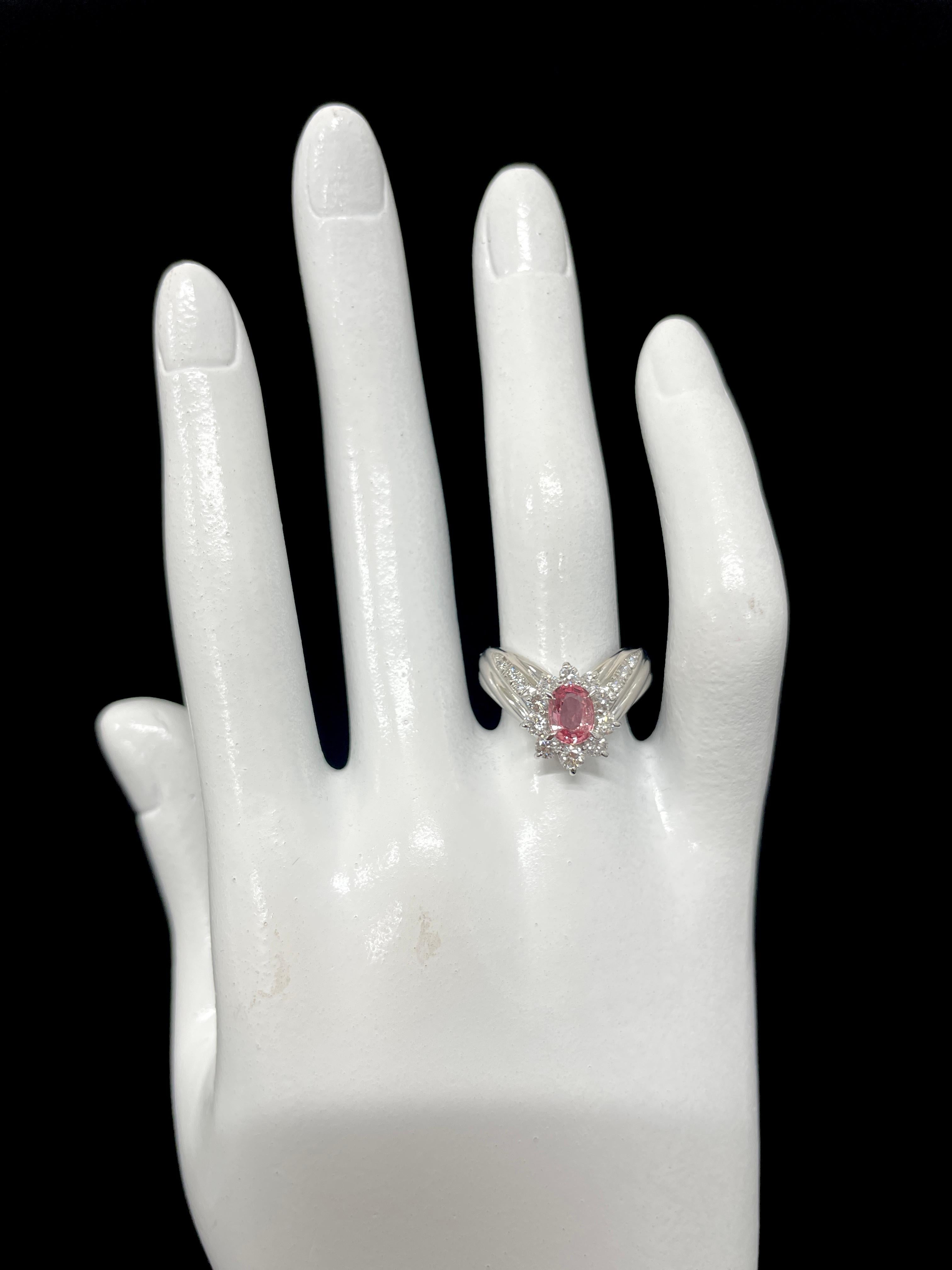 Women's 0.81 Carat Natural Padparadscha Sapphire and Diamond Ring Set in Platinum For Sale