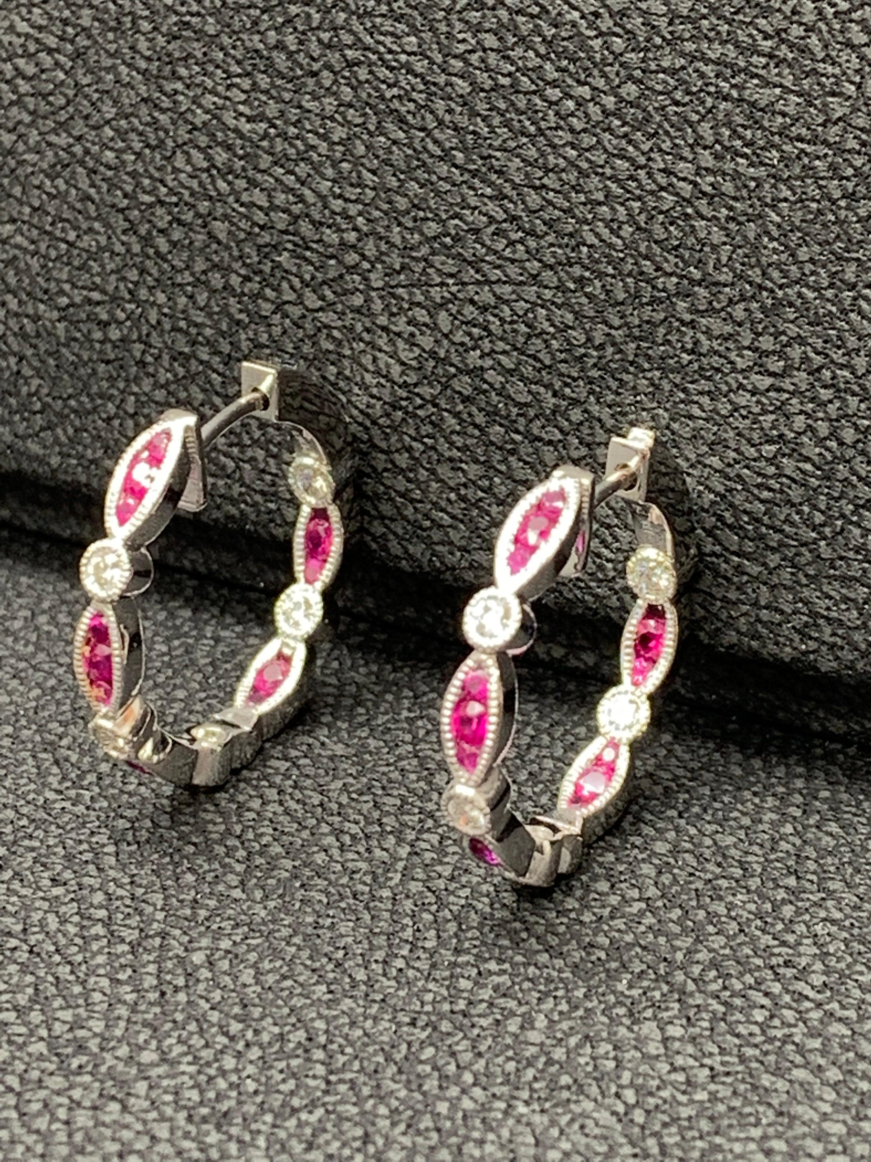 0.81 Carat Round cut Ruby and Diamond Hoop Earrings in 18K White Gold For Sale 4